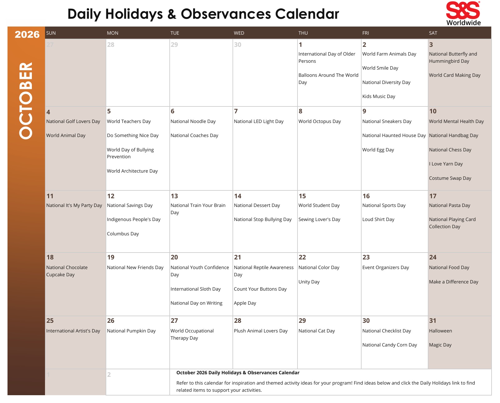 october daily holidays calendar
